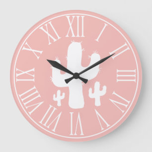 Grande Horloge Ronde Silhouette de cactus de rose saumoné et de blanc