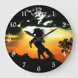 Grande Horloge Ronde Silhouette de cheval de coucher du soleil