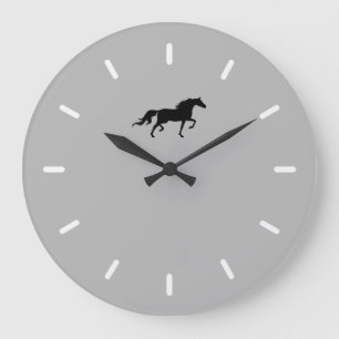 Grande Horloge Ronde Silhouette de cheval noir élégant sur gris argent
