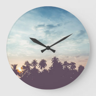 Grande Horloge Ronde Silhouette de cocotiers, coucher de soleil tropica