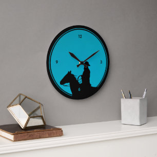 Grande Horloge Ronde Silhouette de cowboy sur turquoise