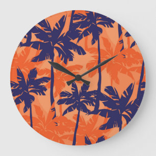 Grande Horloge Ronde Silhouette de palmier bleu, arrière - plan orange