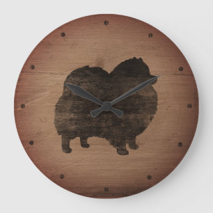 Grande Horloge Ronde Silhouette de Pomeranian rustique