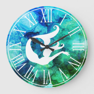 Grande Horloge Ronde Silhouette de sirène et torrents océaniques