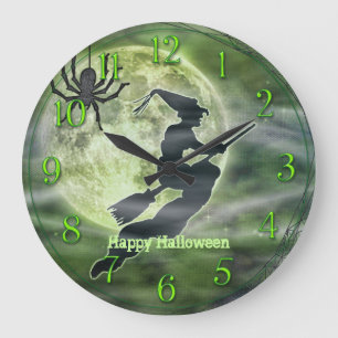 Grande Horloge Ronde Silhouette de sorcière de Halloween avec