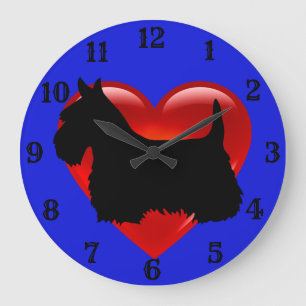 Grande Horloge Ronde Silhouette de Terrier écossais noir cœur rouge/ble