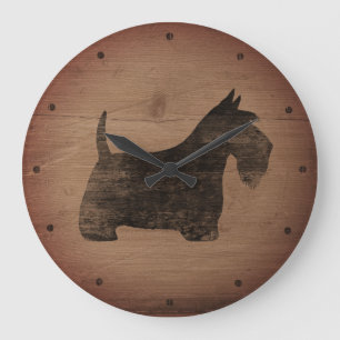 Grande Horloge Ronde Silhouette de Terrier Écossais Rustique