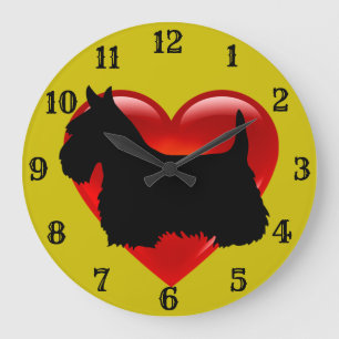 Grande Horloge Ronde Silhouette noire de Terrier écossais coeur rouge/