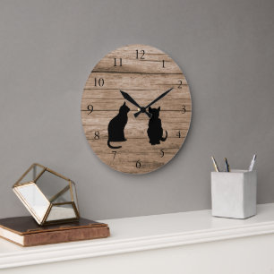 Grande Horloge Ronde Silhouettes de chats modernes sur bois sombre rust