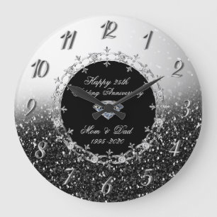 Grande Horloge Ronde Silver Black Glittery 25e anniversaire Mariage