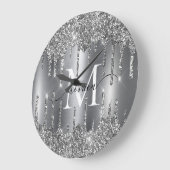 Grande Horloge Ronde Silver Glitter Drips Monogram Personalized (Angle)