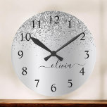 Grande Horloge Ronde Silver Glitter Glam<br><div class="desc">Silver Faux Foil Metallic Sparkle Glitter Brushed Metal Monogram Name Clock. This makes the perfect sweet 16 birthday,  wedding,  bridal shower,  anniversary,  baby shower or bachelorette party gift for someone that loves glam luxury and chic styles.</div>