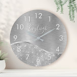 Grande Horloge Ronde Silver Glitter Glam Bling Personalized<br><div class="desc">Easily personalize this silver brushed metal and glamorous faux glitter patterned wall clock with your own custom name</div>