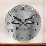 Grande Horloge Ronde Silver Glitter Sparkle Eyelashes Monogram<br><div class="desc">Silver Faux Foil Metallic Sparkle Glitter Brushed Metal Monogram Name and Initial Eyelashes (Lashes),  Eyelash Extensions and Eyes Decorative Clocks. The design makes the perfect sweet 16 birthday,  wedding,  bridal shower,  anniversary,  baby shower or bachelorette party gift for someone looking for a trendy cool style.</div>