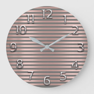 Grande Horloge Ronde Silver Gray Arabic Numbers Rose Blush Glam Stripes