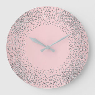 Grande Horloge Ronde Silver Gray Crystals Confetti Glitter Gems Pink