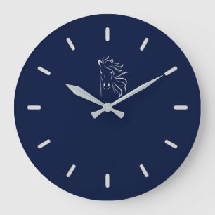 Grande Horloge Ronde Silver Gray Horse Silhouette on Navy Blue