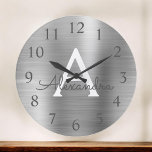 Grande Horloge Ronde Silver Metallic Monogram<br><div class="desc">Silver faux métallc monogram name and Initial Serving Wall Clock. The Wall Clock makes the perfect gift for someone who loves silver stainless steel.</div>