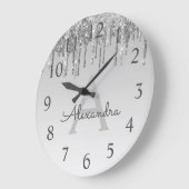 Grande Horloge Ronde Silver Sparkle Glitter Monogram Name & Initial (Angle)