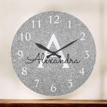 Grande Horloge Ronde Silver Sparkle Glitter Monogram Name & Initial<br><div class="desc">Silver Sparkle Glitter Monogram Name and Initial Serving Wall Clock. The Wall Clock makes the perfect gift for someone who loves silver glitter.</div>