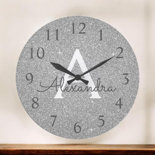 Grande Horloge Ronde Silver Sparkle Glitter Monogram Name & Initial