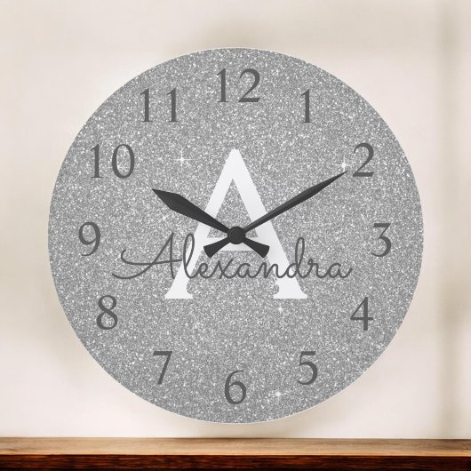 Grande Horloge Ronde Silver Sparkle Glitter Monogram Name & Initial