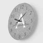 Grande Horloge Ronde Silver Sparkle Glitter Monogram Name & Initial (Angle)