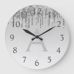 Grande Horloge Ronde Silver Sparkle Glitter Monogram Name & Initial