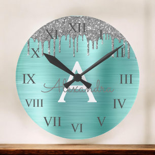 Grande Horloge Ronde Silver Teal Glitter Brushed Metal Monogram Name