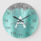 Grande Horloge Ronde Silver Teal Glitter Brushed Metal Monogram Name (Recto)