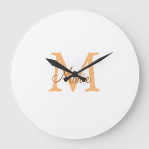 Grande Horloge Ronde simple minimal ajouter nom monogramme orange marro