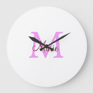 Grande Horloge Ronde simple minimal ajouter nom monogramme rose rouge