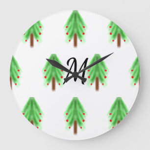Grande Horloge Ronde Simple motif de Noël à l'aquarelle avec monogramme