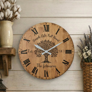 Grande Horloge Ronde Simple Vie, Cœur Plein Arbre de Chêne Familial P