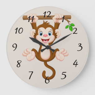 Grande Horloge Ronde Singe Animé accrochant sur la branche