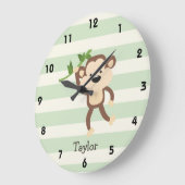 Grande Horloge Ronde Singe sur rayures vert pastel (Angle)