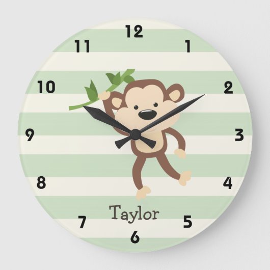 Grande Horloge Ronde Singe sur rayures vert pastel (Recto)