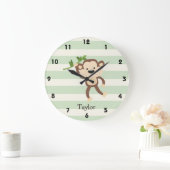 Grande Horloge Ronde Singe sur rayures vert pastel (Maison)