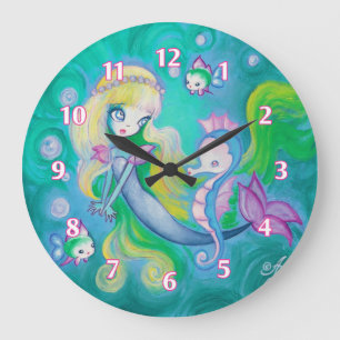 Grande Horloge Ronde Sirène avec hippocampe et poisson