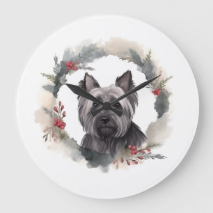 Grande Horloge Ronde Skye Terrier Fête de Noël Wreath Pup