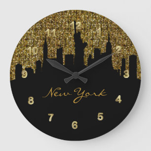 Grande Horloge Ronde Skyline de New York  Parties scintillant de Golden