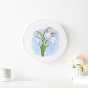 Grande Horloge Ronde Snowdrops - Fleurs de printemps sur aquarelle