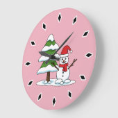 Grande Horloge Ronde Snowman avec Snowman Pine Tree (Angle)