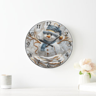 Grande Horloge Ronde Snowman de Noël dans les flocons de neige