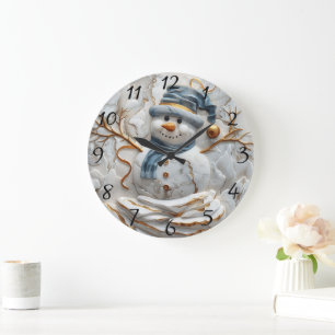 Grande Horloge Ronde Snowman de Noël dans les flocons de neige