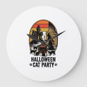 Grande Horloge Ronde Soirée de chat Halloween Design de chats de sorciè