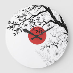 Grande Horloge Ronde Soleil Rouge Japonais & Art de l'Arbre au Pinceau