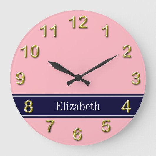 Grande Horloge Ronde Solid Pink, Navy Blue Ribbon Nom Monogram (Recto)