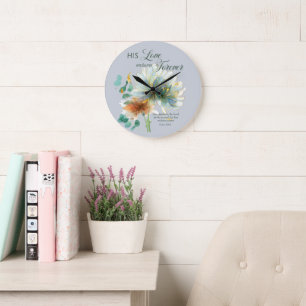 Grande Horloge Ronde Son Amour Endure Pour Le Psaume 136 Floral Grey