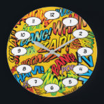 Grande Horloge Ronde Sons de l'art pop des bandes dessinées<br><div class="desc">Horloges de bande dessinée de super-héros à la mode qui sont sûres d'ajouter une touche de couleur à une gamme de pièces autour de votre maison ou de votre bureau. Un moyen idéal de vous traiter ou de traiter quelqu'un que vous connaissez avec ces horloges de designer de con de...</div>